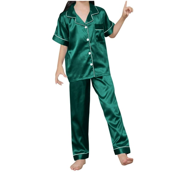 cfhntfmh Pajama Sets for Girls Boys Satin Collared Short Sleeve Buttons down Shirts Comfy Straight Leg Pants Sleepwear