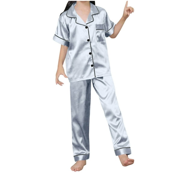 cfhntfmh Pajama Sets for Girls Boys Satin Collared Short Sleeve Buttons down Shirts Comfy Straight Leg Pants Sleepwear