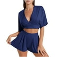 thumbnail image 1 of cfhntfmh Pajama Sets for Women 2 Piece Pjs Loungewear Sets Half Sleeve Deep V Neck Casual Crop Tops Loose Wide Leg Shorts, 1 of 6