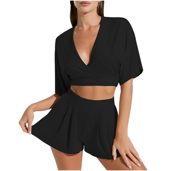 cfhntfmh Pajama Sets for Women 2 Piece Pjs Loungewear Sets Half Sleeve Deep V Neck Casual Crop Tops Loose Wide Leg Shorts