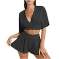 thumbnail image 1 of cfhntfmh Pajama Sets for Women 2 Piece Pjs Loungewear Sets Half Sleeve Deep V Neck Casual Crop Tops Loose Wide Leg Shorts, 1 of 6