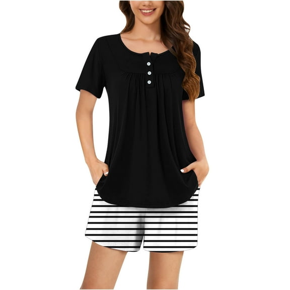 cfhntfmh Pajama Sets for Women 2 Piece Pjs Sets Comfy Crewneck Buttons Pleated Short Sleeve Tops Casual Print Shorts Sleepwear