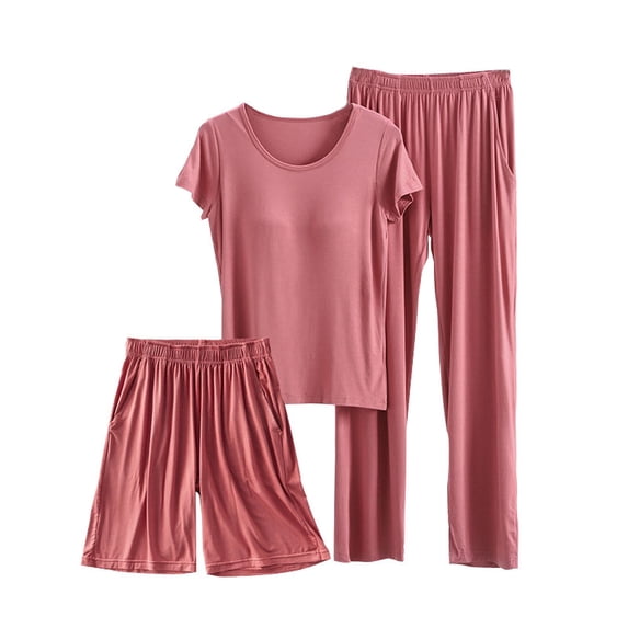 cfhntfmh Pajama Sets for Women 3 Piece Outfit Short Sleeve Tees Shorts Casual Long Pants Pjs Lounge Sets with Padded