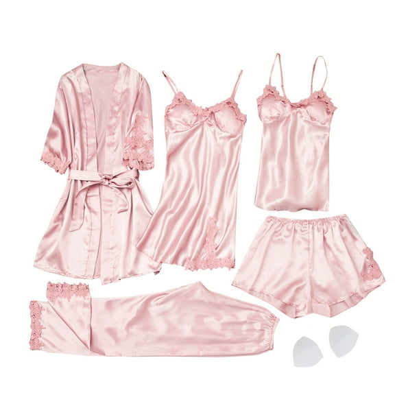 cfhntfmh Pajama Sets for Women 5 Piece Silk Satin Lace Camisole Soft Nightgown Robes Lounge Pants Sleepwear Pjs Sets