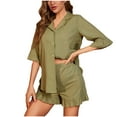 thumbnail image 1 of cfhntfmh Pajama Sets for Women Casual Collared Half Sleeve Ruffle Hem Buttons down Shirts Loose Wide Leg Shorts Sleepwear Sets, 1 of 6