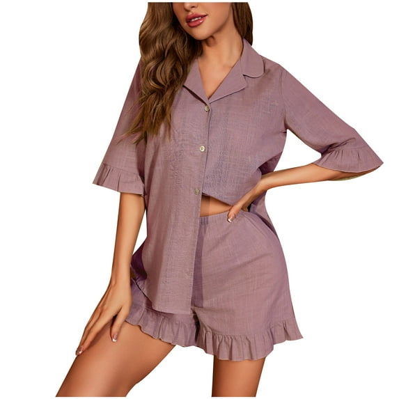 cfhntfmh Pajama Sets for Women Casual Collared Half Sleeve Ruffle Hem Buttons down Shirts Loose Wide Leg Shorts Sleepwear Sets