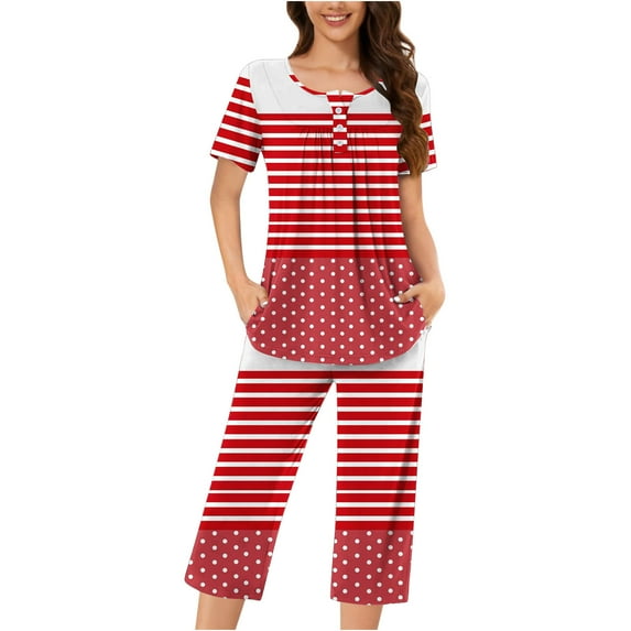 cfhntfmh Pajama Sets for Women Casual Print Short Sleeve Buttons Shirts Comfy Capri Pants with Pockets 2 Piece Pjs Sleepwear Sets