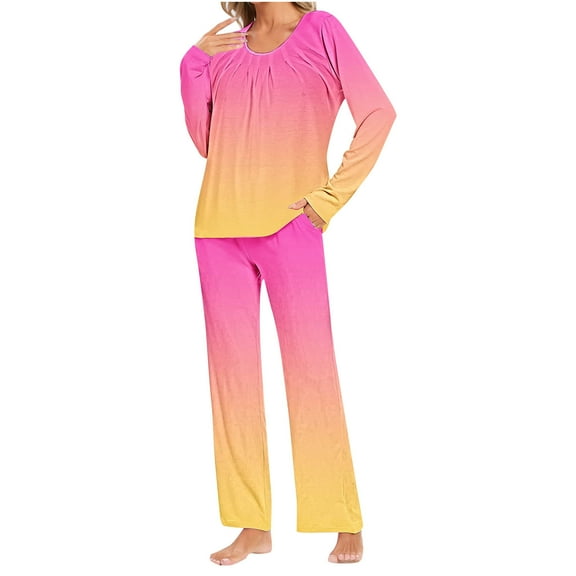 cfhntfmh Pajama Sets for Women Comfy Crewneck Long Sleeve Pleated Printed Shirts Straight Leg Pants Loungewear Sleepwear Pjs Sets