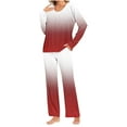 thumbnail image 1 of cfhntfmh Pajama Sets for Women Comfy Crewneck Long Sleeve Pleated Printed Shirts Straight Leg Pants Loungewear Sleepwear Pjs Sets, 1 of 6