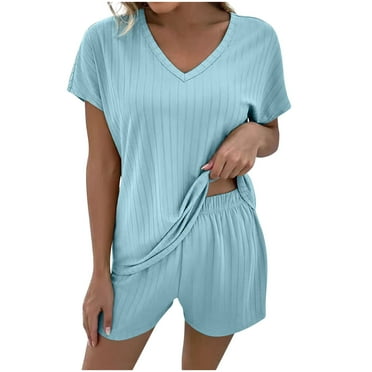 cfhntfmh Pajama Sets for Women Comfy V Neck Short Sleeve Basic T-Shirts Soft Wide Leg Sleepwear Shorts Pjs Sets
