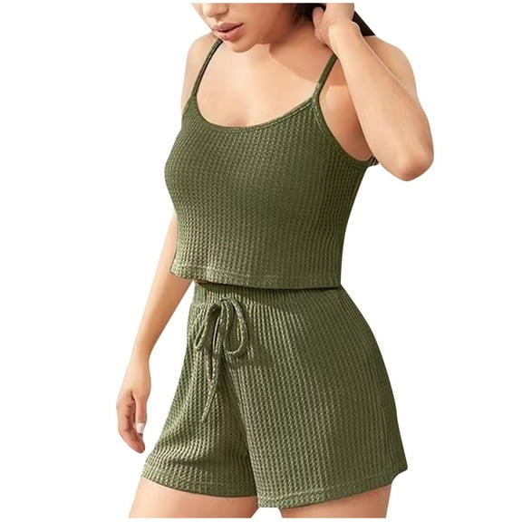 cfhntfmh Pajama Sets for Women Knit Scoop Neck Sleeveless Solid Crop Camisole Tops Loose Sleepwear Shorts Lounge Sets