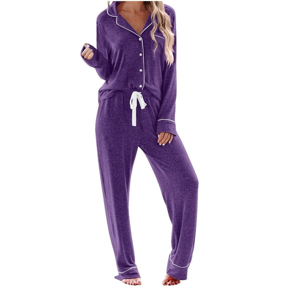 cfhntfmh Pajama Sets for Women Lounge Long Sleeve Buttons down Shirts 2 Piece Soft Elastic Waisted Long Pants Pjs Sleepwear Sets