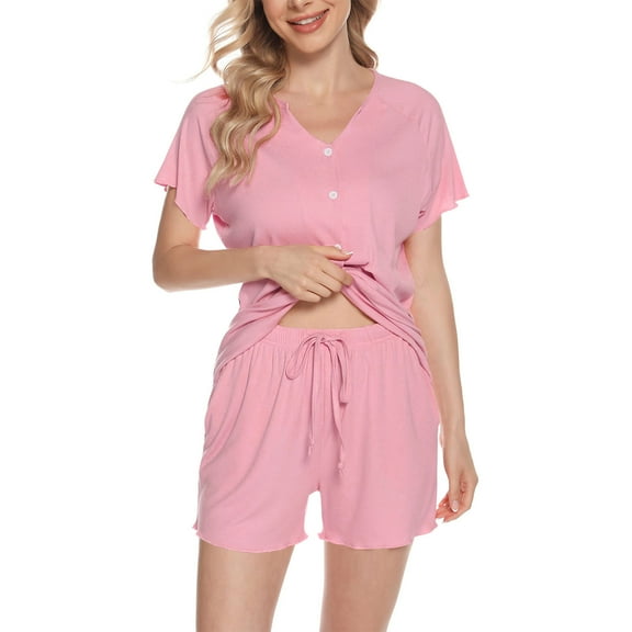 cfhntfmh Pajama Sets for Women Lounge Short Sleeve V Neck Buttons down Shirts and Shorts 2 Piece Pjs Ribbed Knitted Sets Sleepwear
