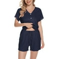 thumbnail image 1 of cfhntfmh Pajama Sets for Women Lounge Short Sleeve V Neck Buttons down Shirts and Shorts 2 Piece Pjs Ribbed Knitted Sets Sleepwear, 1 of 6