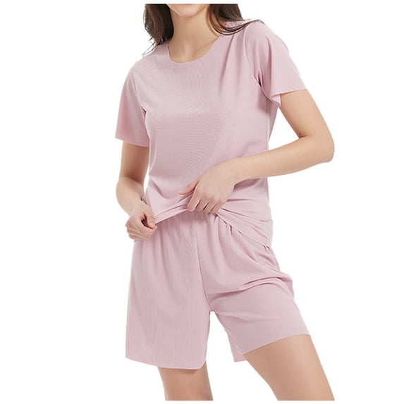 cfhntfmh Pajama Sets for Women Plus Size Casual Round Neck Short Sleeve Sleepwear Baggy Solid Color Shorts Lounge Sets