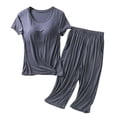 thumbnail image 1 of cfhntfmh Pajama Sets for Women Plus Size Round Neck Short Sleeve Shirts Bulit in Bra Capri Pants 2 Piece Loungewear Pjs Sets Pockets, 1 of 5