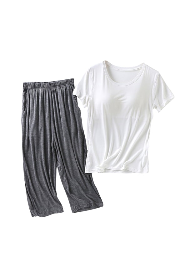 Pajama Sets for Women Plus Size Round Neck Short Sleeve Shirts Bulit in Bra Capri Pants 2 Piece Loungewear Pjs Sets Pockets