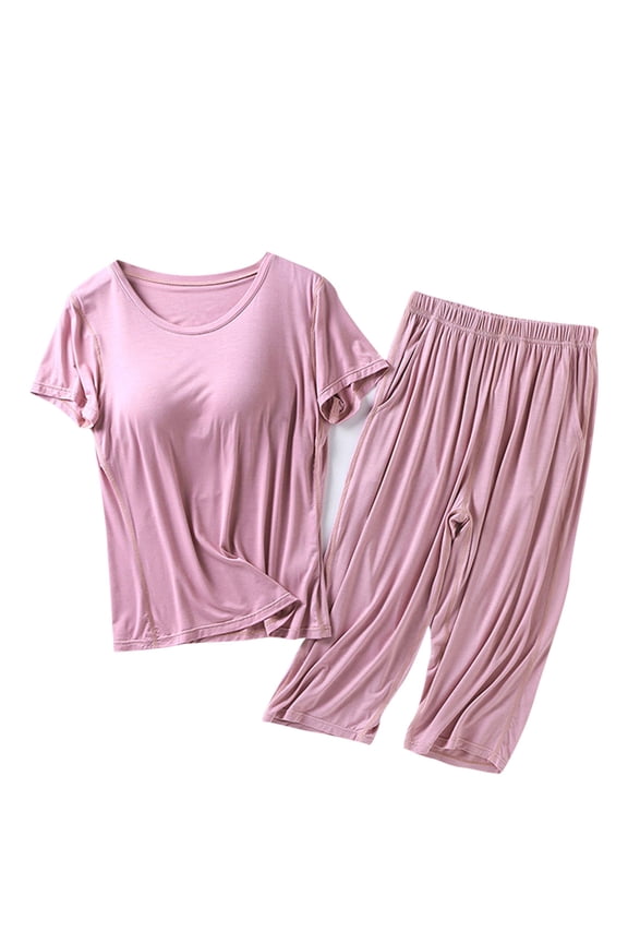Pajama Sets for Women Plus Size Round Neck Short Sleeve Shirts Bulit in Bra Capri Pants 2 Piece Loungewear Pjs Sets Pockets