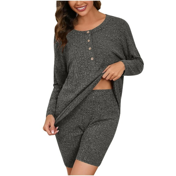 cfhntfmh Pajama Sets for Women Ribbed Long Sleeve Scoop Neck Buttons Shirts Soft Skinny Knit Shorts 2pc Lounge Pjs Sleepwear