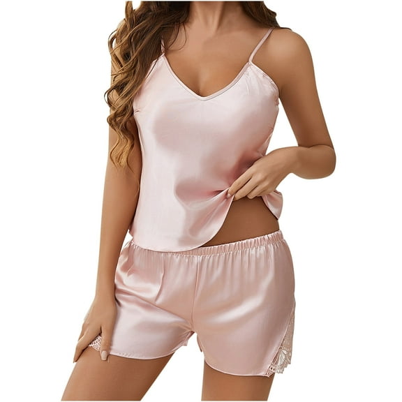 cfhntfmh Pajama Sets for Women Silk 2pc Sleepwear Sets Lounge Sleeveless V Neck Camisole Loose Comfy Lace Shorts