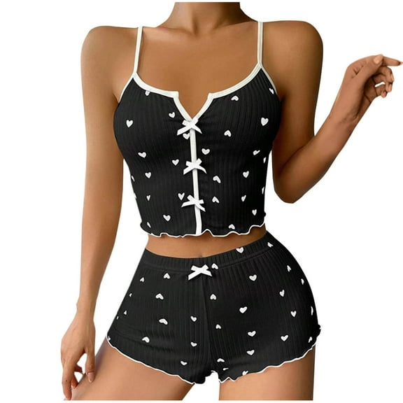 cfhntfmh Pajama Sets for Women Slim V Neck Cute Bow Knot Printed Crop Camisole Soft Stretch Shorts Lounge Sleepwear Pjs Sets