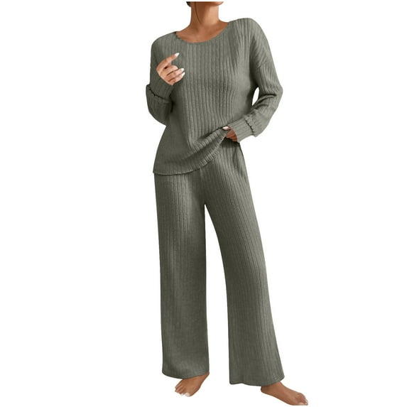 cfhntfmh Pajama Sets for Women Soft Crewneck Long Sleeve Tunic Tops Lounge Straight Leg Long Pants Ribbed Knit Sets Sleepwear