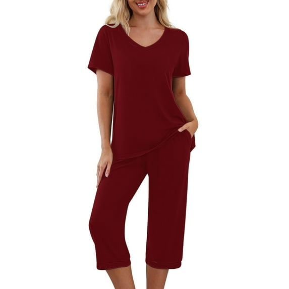 cfhntfmh Pajama Sets for Women Soft V Neck Short Sleeve Basic Tshirts 2 Piece Casual Capri Pants Loungewear Sleepwear Sets