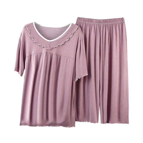 cfhntfmh Pajama Sets for Womne 2 Piece Sleepwear Pjs Sets Short Sleeve Round Neck T-Shirts Baggy Capri Pants Nightwear
