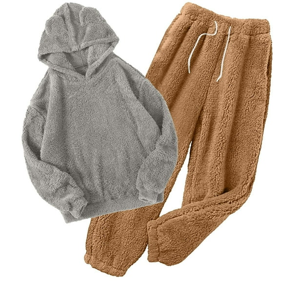 cfhntfmh Pajamas for Women Sleepwear Casual Pajamas Sets Long Sleeve Hoodie and Fluffy Pants Fleece Pjs Lounge Set
