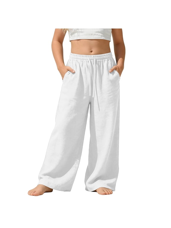 Palazzo Pants for Girls Drawstring Elastic Waisted Flowy Pants Beach Vacation Clothes for Kids (White wt1,13-14 Years)