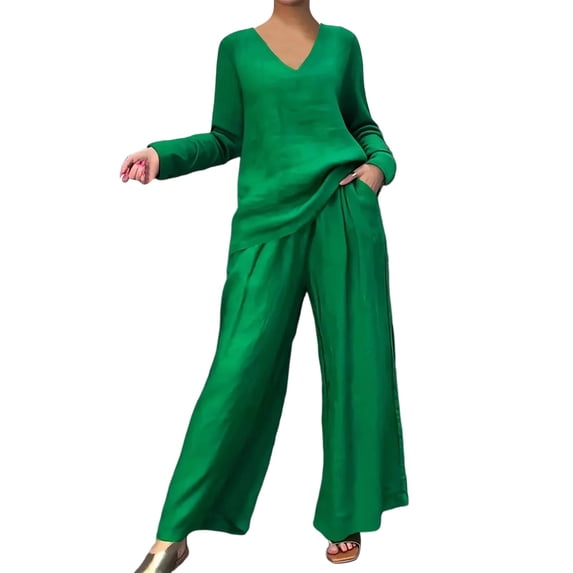 cfhntfmh Pant Suits for Women Casual Two Piece Sets Long Sleeve V Neck Shirts Palazzo Pants Matching Lounge Set