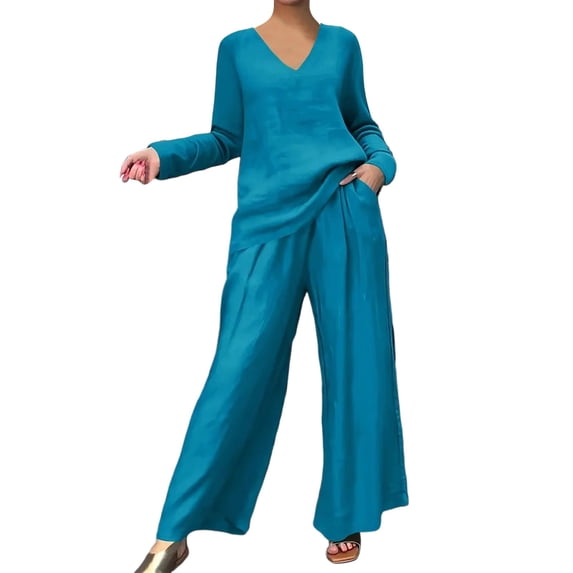cfhntfmh Pant Suits for Women Casual Two Piece Sets Long Sleeve V Neck Shirts Palazzo Pants Matching Lounge Set