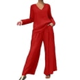 thumbnail image 1 of cfhntfmh Pant Suits for Women Casual Two Piece Sets Long Sleeve V Neck Shirts Palazzo Pants Matching Lounge Set, 1 of 5