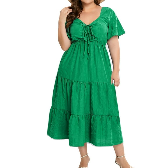 cfhntfmh Plus Size Dresses for Curvy Women Summer Tiered Ruffle Flowy Midi Dress Ruched Short Sleeve V Neck T-Shirts Dress