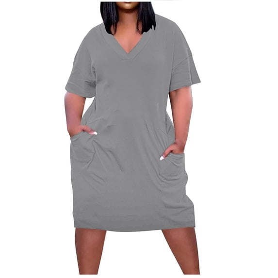 cfhntfmh Plus Size Dresses for Women Casual Half Sleeve V Neck Loose Mini Dress Solid Color Lounge T-Shirts Dress with Pockets