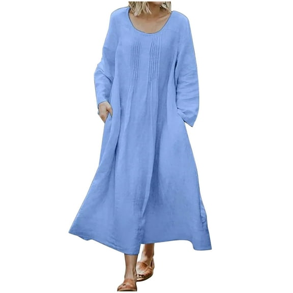 cfhntfmh Plus Size Dresses for Women Cotton Linen Long Sleeve Casual Dress Fall Loose Crewneck Pleated Beach Dress