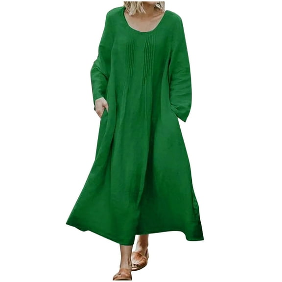 cfhntfmh Plus Size Dresses for Women Cotton Linen Long Sleeve Casual Dress Fall Loose Crewneck Pleated Beach Dress