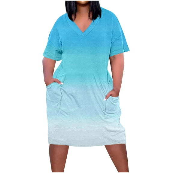 cfhntfmh Plus Size Dresses for Women Lounge V Neck Short Sleeve Printed Mini Dress Summer Flowy Fashion Dress with Pockets