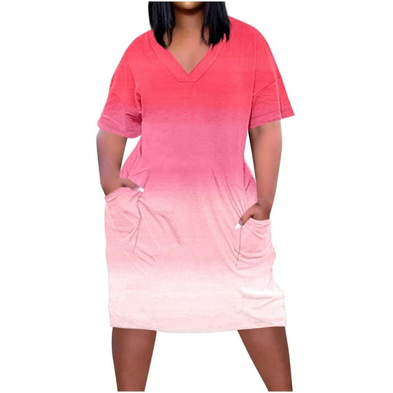 cfhntfmh Plus Size Dresses for Women Lounge V Neck Short Sleeve Printed Mini Dress Summer Flowy Fashion Dress with Pockets