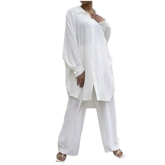 cfhntfmh Plus Size Outfits for Women Fall Baggy Long Sleeve Lapel Long Buttons down Blouses Soft Wide Leg Pants Lounge Sets
