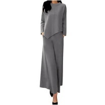 cfhntfmh Plus Size Outfits for Women Fall Loose Long Sleeve Crewneck Solid Color Oversized Tops Casual Wide Leg Trousers Sets