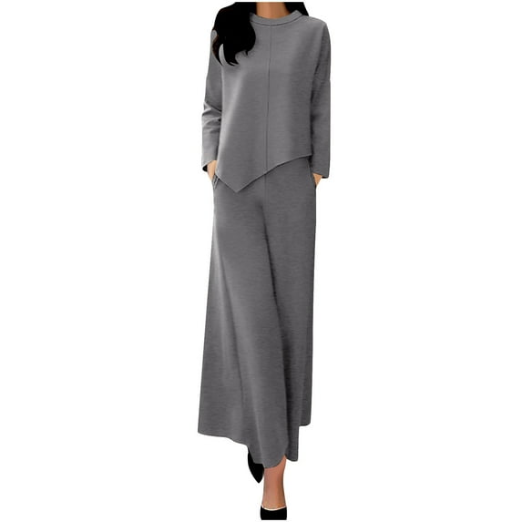 cfhntfmh Plus Size Outfits for Women Fall Loose Long Sleeve Crewneck Solid Color Oversized Tops Casual Wide Leg Trousers Sets