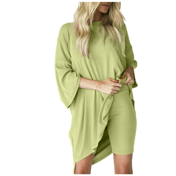 cfhntfmh Plus Size Outfits for Women Loose Crewneck Long Sleeve Oversized Tops Biker Yoga Short Legging Sets