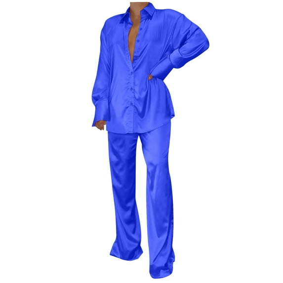 cfhntfmh Plus Size Outfits for Women Soft Lapel Long Sleeve Buttons down Shirts Summer Loose Wide Leg Pants Lounge Sets
