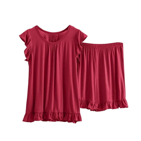 cfhntfmh Plus Size Outfits for Women Soft Pleated Cap Sleeve Tops Ruffled Hem Baggy Shorts Sleepwear 2 Piece Pajama Sets