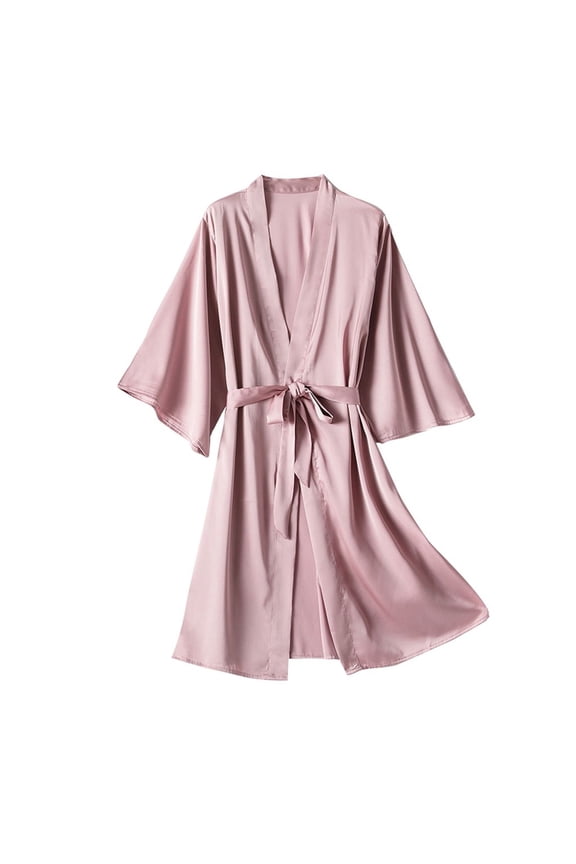Plus Size Robes for Women Satin Long Sleeve Belted Lounge Nightgown Comfy Mid Length V Neck Bathrobe