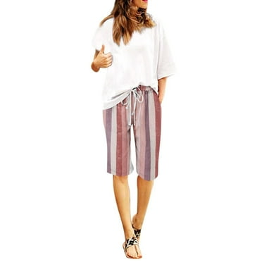 cfhntfmh Plus Size Shorts for Women Casual Summer Print High Elastic Waist Shorts Lounge Beach Knee Length Pants with Pockets