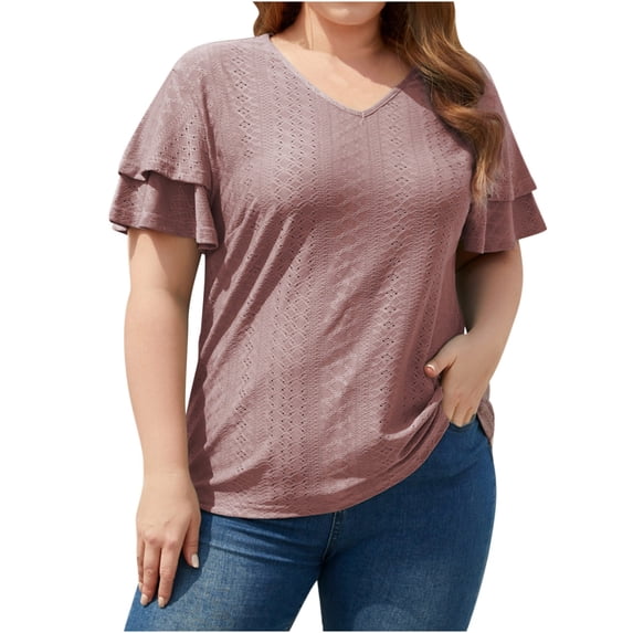 cfhntfmh Plus Size Summer Tops for Women Ruffle Short Sleeve V Neck Hollow out Blouses Solid Color Dressy Casual Tee Shirts
