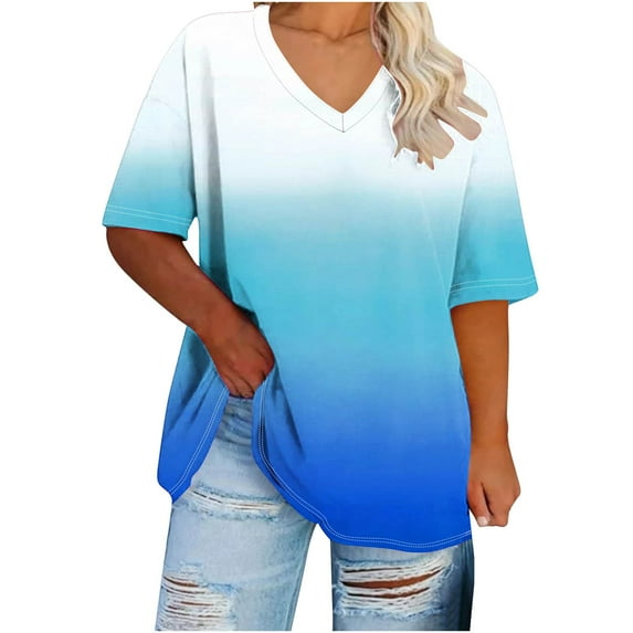 cfhntfmh Plus Size Tops for Women Casual Summer Half Sleeve Flowy Shirts V Neck Trendy Print Basic Blouses