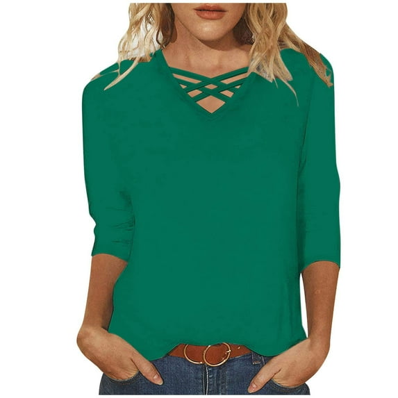 cfhntfmh Plus Size Tops for Women Fashion 3/4 Sleeve Cross V Neck Neck Tunic T-Shirts Casual Loose Solid Color Basic Tees